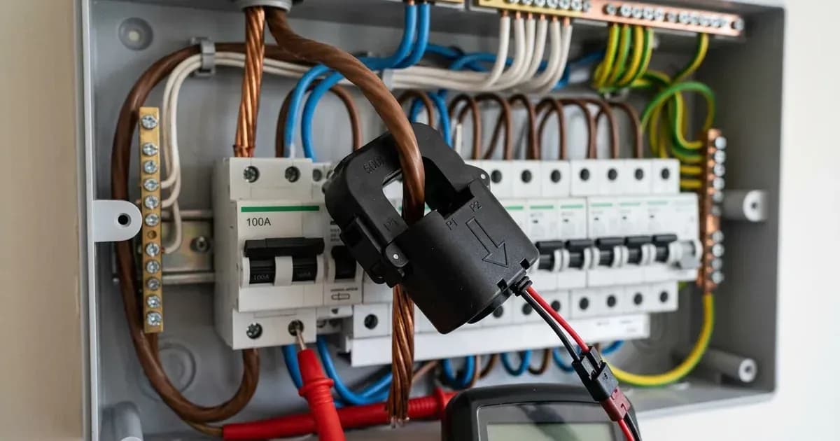 Split-core current transformer CT clamp installed on an electrical conductor inside a breaker panel. — SolarNevs spec card