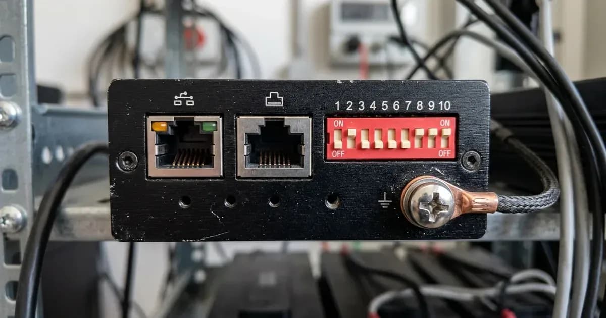 Close-up of RJ45 communication ports and configuration DIP switches on a rack-mounted lithium battery module. — SolarNevs spec card