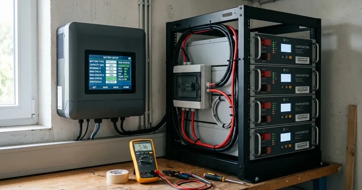 Solar inverter screen showing battery setup next to a server-rack stack of lithium battery modules. — SolarNevs spec card