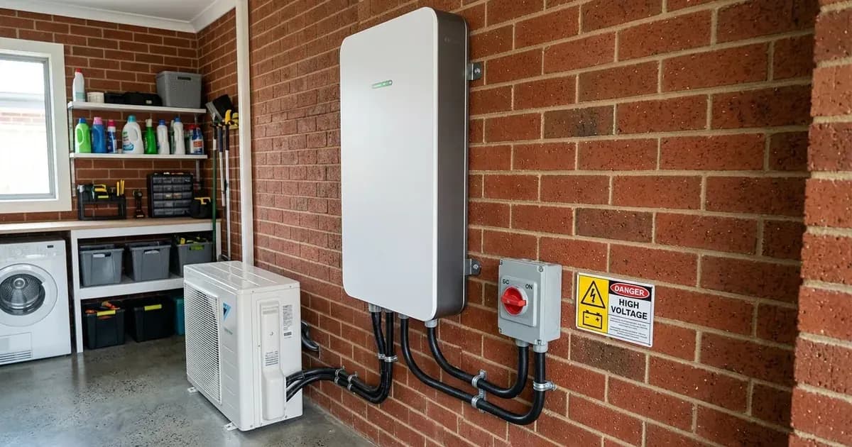 Wall-mounted home energy storage battery installed in a utility room with safety disconnect switch. — SolarNevs spec card