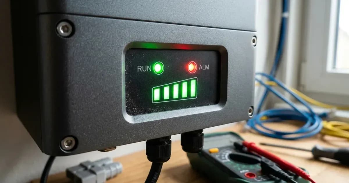 Front panel indicator LEDs on a lithium battery showing green run status, red alarm light, and state of charge bar. — SolarNevs spec card