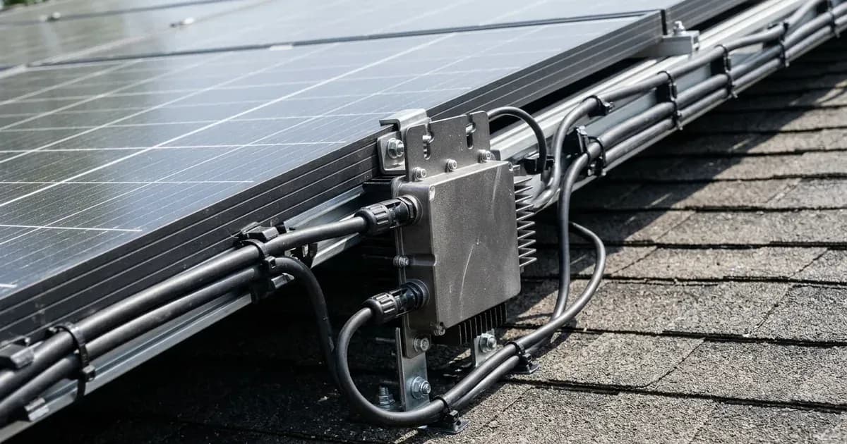 Microinverter mounted to a solar panel frame with connected trunk cabling. — SolarNevs spec card