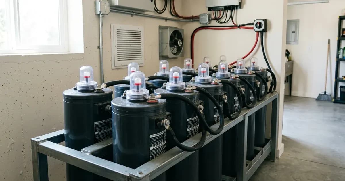 Tall tubular solar battery bank with float level indicator caps in a utility room. — SolarNevs spec card