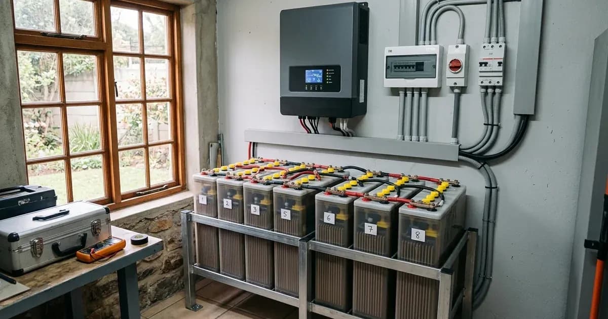Wall-mounted solar inverter installed beside deep cycle tubular batteries. — SolarNevs spec card