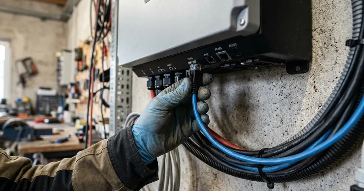 Data communication cable connected to the bottom port of a solar hybrid inverter. — SolarNevs spec card