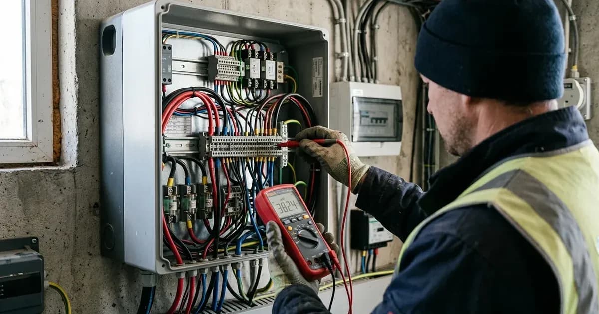 Technician using a digital multimeter at a solar inverter terminal to diagnose system state codes. — SolarNevs spec card