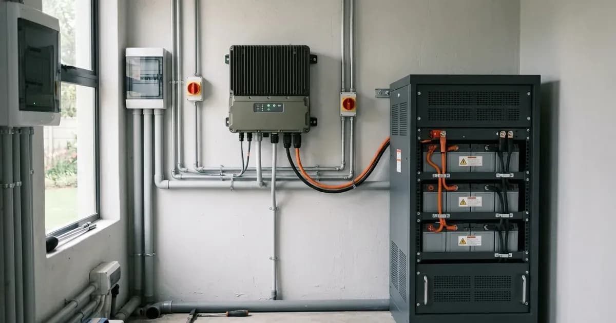Three-phase solar hybrid inverter wall-mounted adjacent to a modular lithium battery storage tower cabinet. — SolarNevs spec card