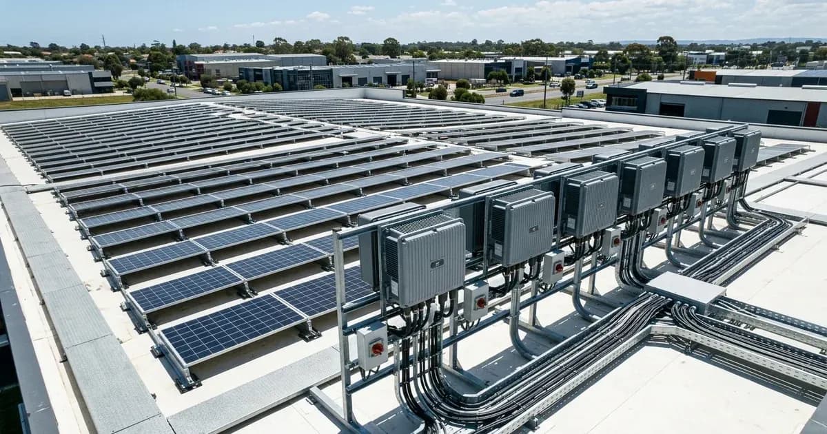 Commercial rooftop solar installation with a row of industrial inverters and solar panel arrays. — SolarNevs spec card