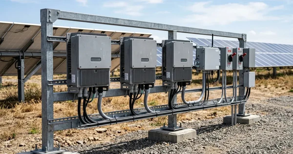 Outdoor rack with commercial string solar inverters and central datalogger enclosure near solar ground arrays. — SolarNevs spec card