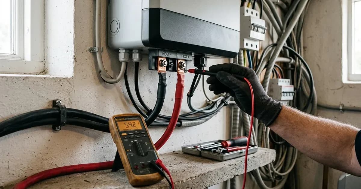 Testing battery terminal voltage on a wall-mounted solar inverter with a digital multimeter probe. — SolarNevs spec card