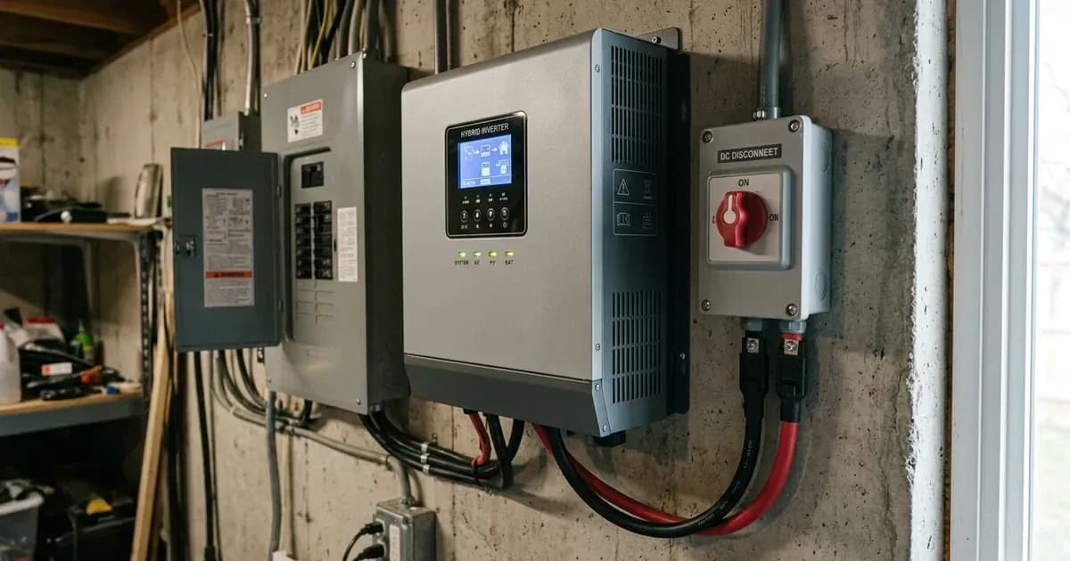 Wall-mounted hybrid solar inverter with front LCD display, battery disconnect switch, and wiring. — SolarNevs spec card