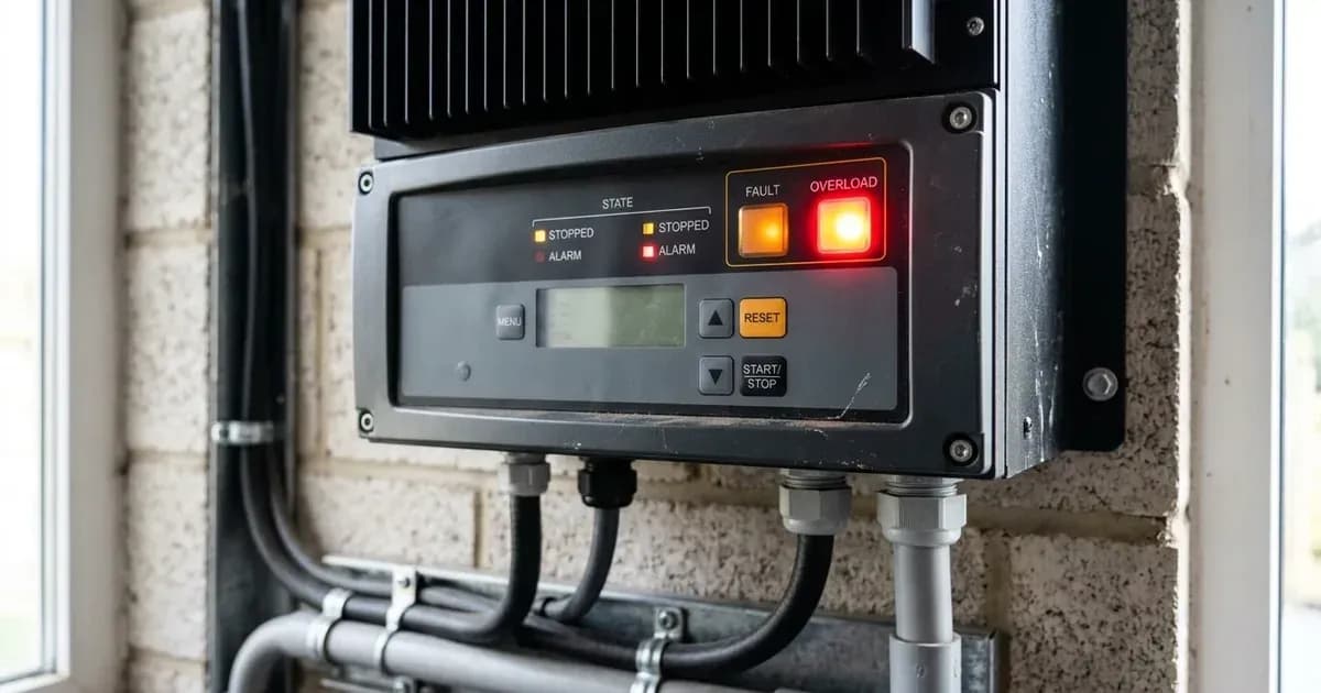 Close-up of a solar inverter control panel showing an illuminated red overload warning indicator light. — SolarNevs spec card