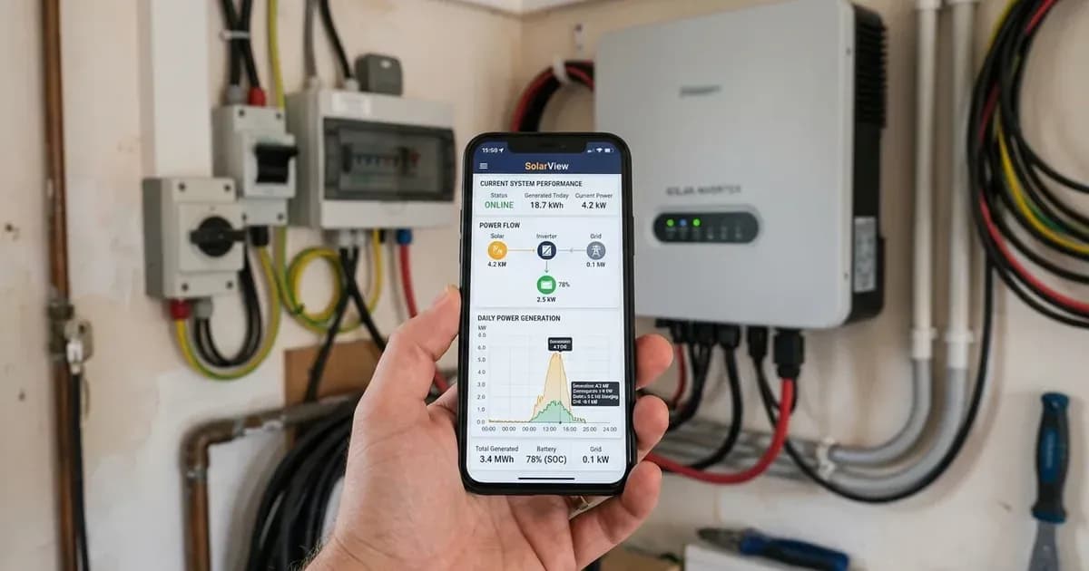 Smartphone screen showing solar energy monitoring app interface in front of a wall-mounted inverter. — SolarNevs spec card