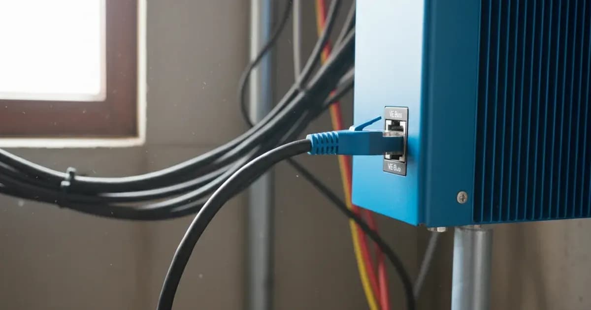 Close-up of a Victron VE.Bus cable connection on a MultiPlus inverter — SolarNevs spec card