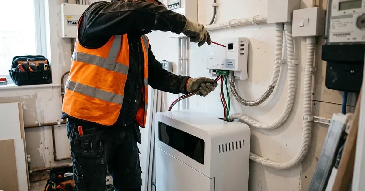 Installer wearing safety gear wiring an energy storage unit and control gateway in a utility area. — SolarNevs spec card