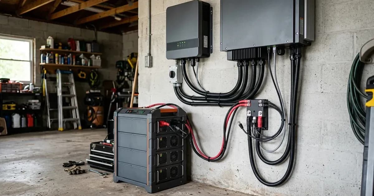 Wall-mounted solar inverter wired to a modular lithium battery storage tower in a workshop setting. — SolarNevs spec card