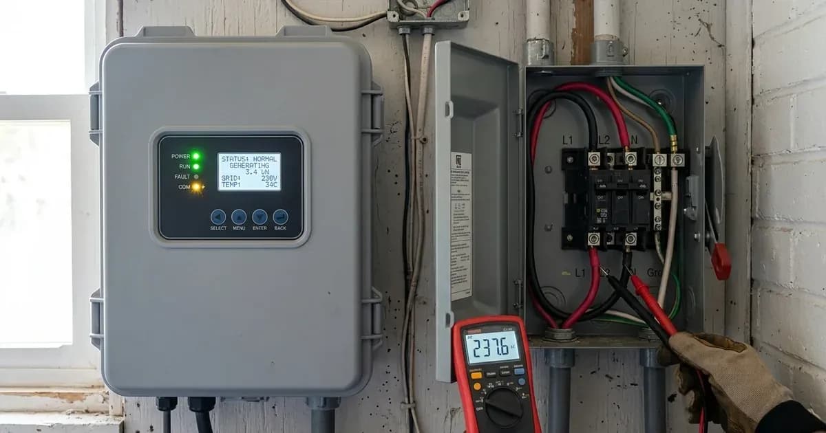 Digital multimeter measuring AC grid voltage at a disconnect box beside a wall-mounted solar inverter. — SolarNevs spec card