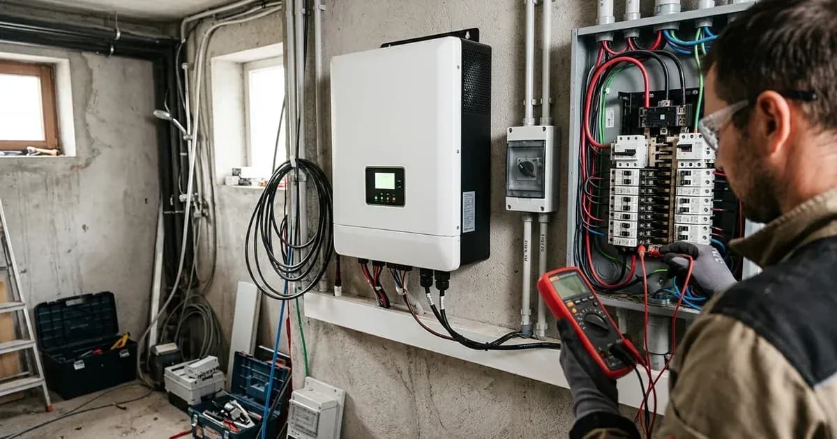 Technician with multimeter checking electrical wiring beside a wall-mounted solar hybrid inverter. — SolarNevs spec card