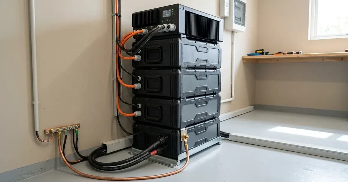 Stacked high-voltage modular lithium battery tower with top control unit and copper grounding busbar. — SolarNevs spec card