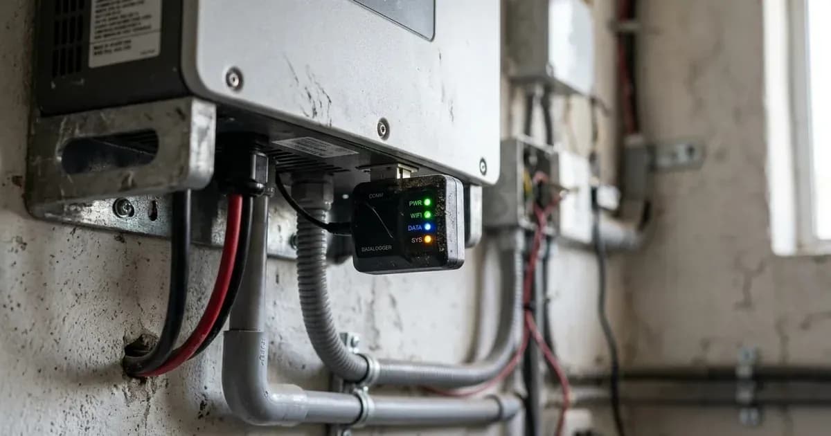 Wireless datalogger module plugged into the bottom communication port of a solar inverter. — SolarNevs spec card