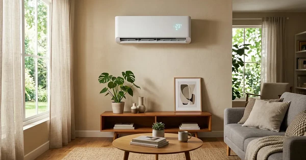 Wall-mounted split inverter air conditioner indoor unit with digital temperature display in a living room. — SolarNevs spec card