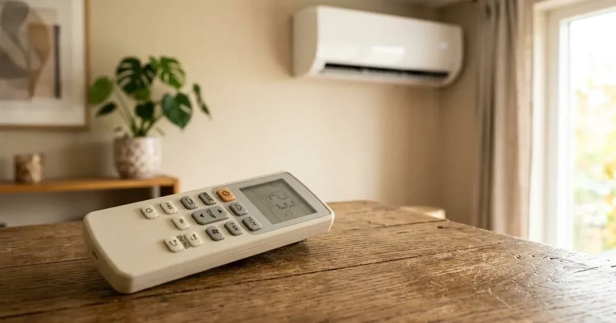 Air conditioner remote control on a wooden table with a wall-mounted indoor AC unit in the background. — SolarNevs spec card