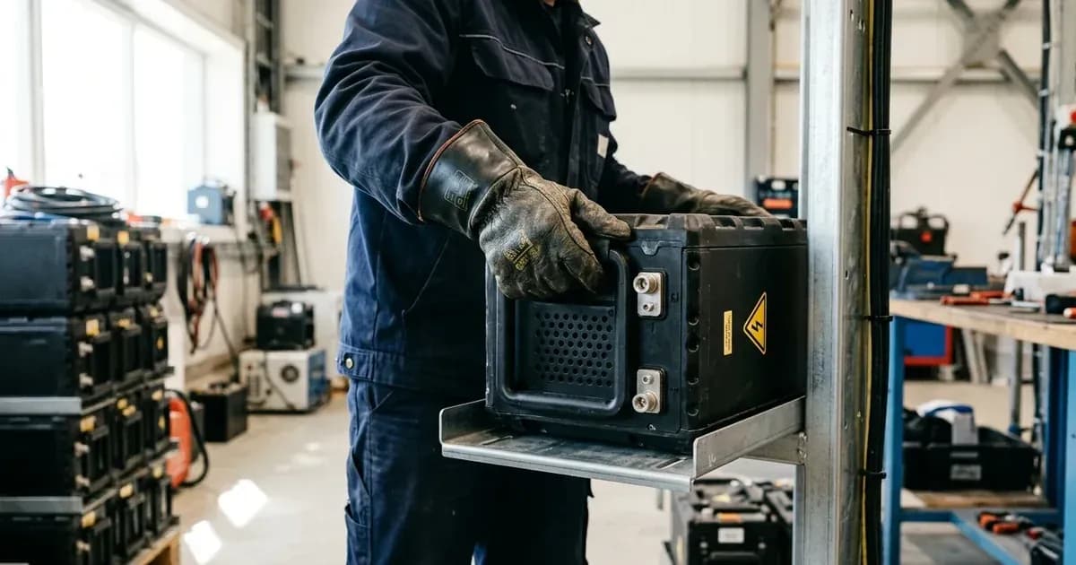 Installer wearing protective gloves positioning a modular high-voltage lithium battery pack on a mounting bracket. — SolarNevs spec card