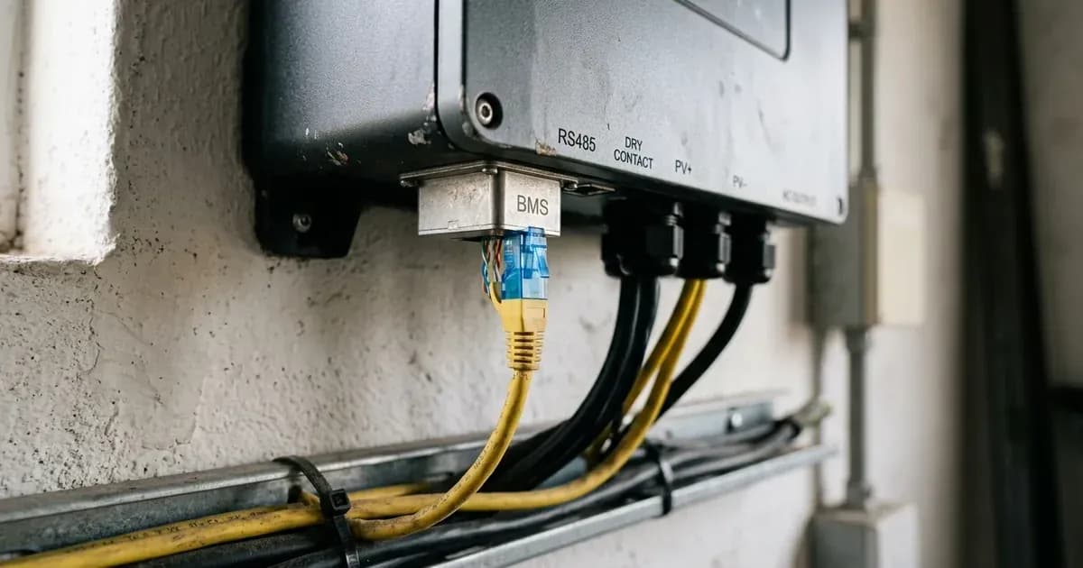 RJ45 communication cable plugged into the BMS port at the bottom of a solar hybrid inverter. — SolarNevs spec card