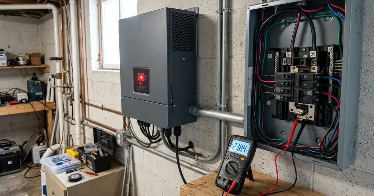 Wall-mounted solar inverter with warning indicator light beside an electrical panel and digital multimeter. — SolarNevs spec card