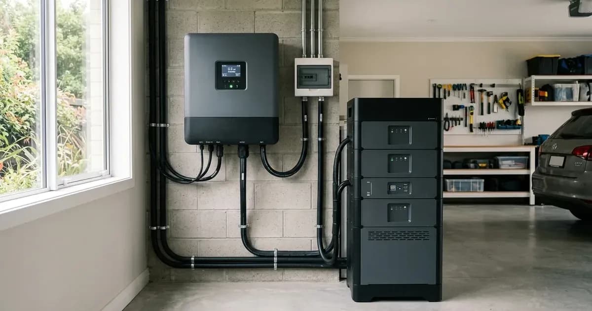 Residential hybrid solar inverter connected to a modular floor-standing lithium battery storage tower. — SolarNevs spec card