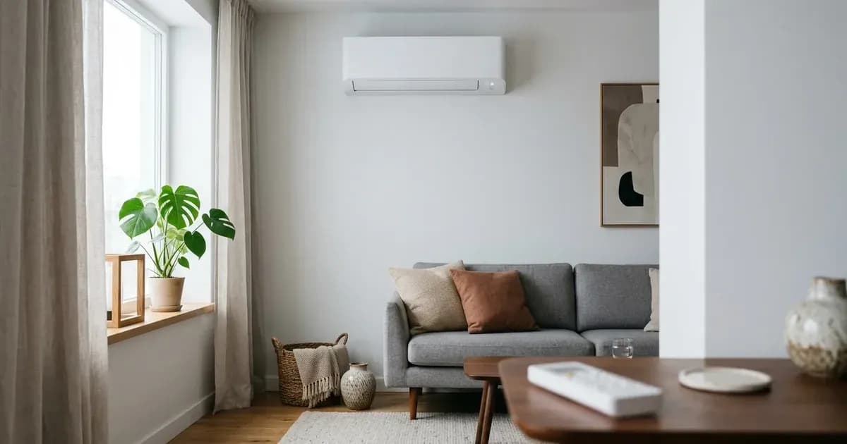 Wall-mounted split inverter air conditioner indoor unit with an AC remote control on a wooden table. — SolarNevs spec card