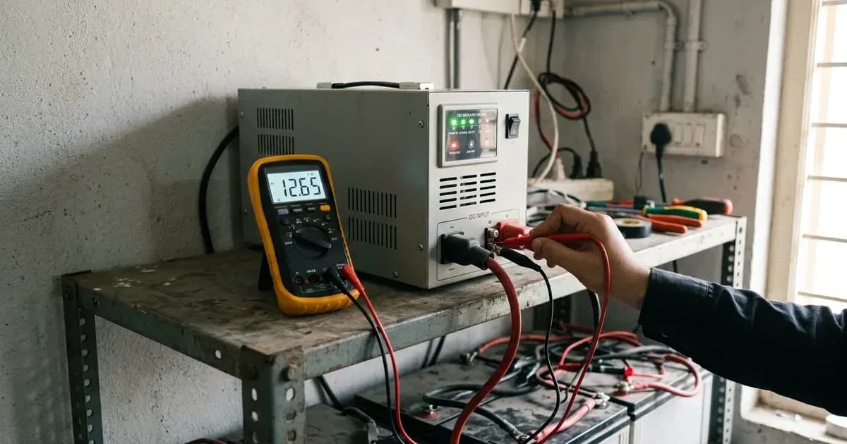 Residential UPS inverter unit and digital multimeter testing DC terminals during troubleshooting. — SolarNevs spec card
