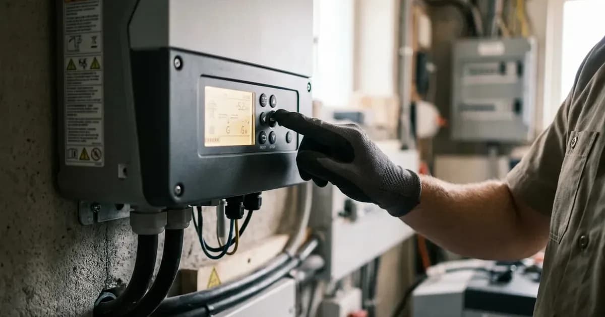 Hand pressing navigation buttons on the control panel of a wall-mounted inverter in a utility room. — SolarNevs spec card