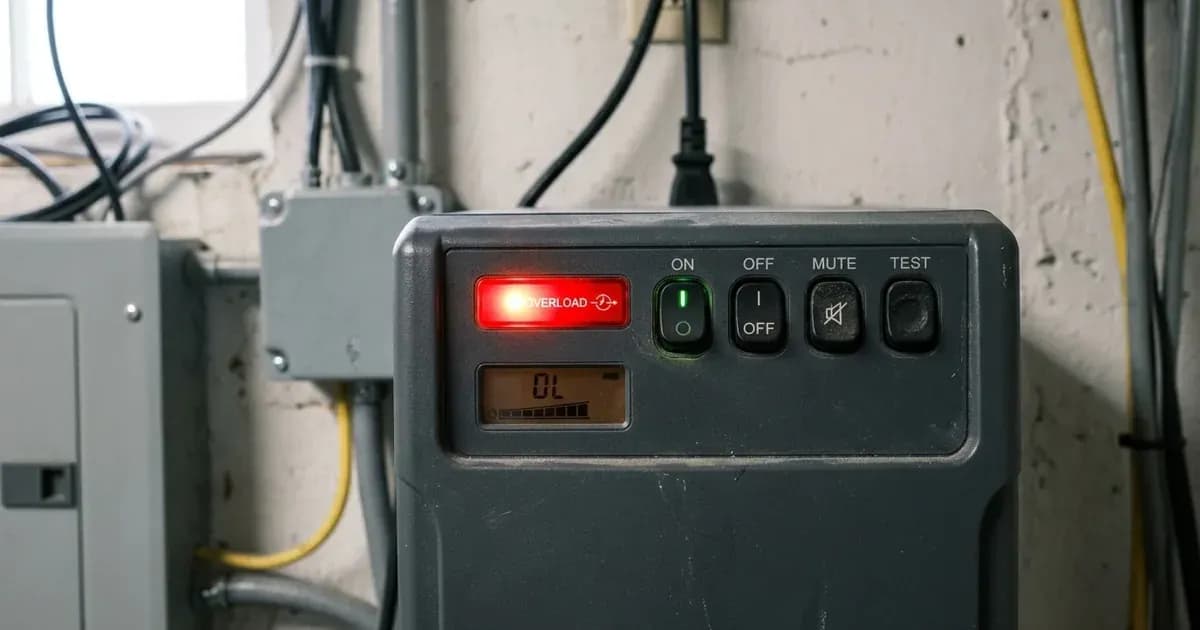 Front panel of a UPS backup unit with an illuminated red overload fault light and control switches — SolarNevs spec card