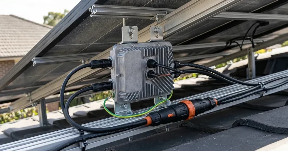 Solar microinverter mounted on aluminum roof racking beneath solar panels with AC trunk cable connectors — SolarNevs spec card
