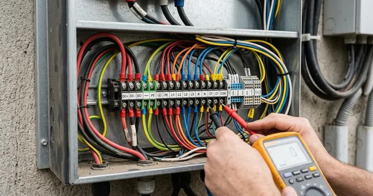 Communication wiring and terminal block on a wall-mounted solar inverter during an inspection. — SolarNevs spec card
