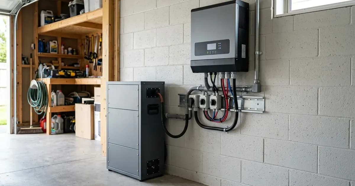 Wall-mounted solar hybrid inverter wired to a floor-standing lithium battery storage unit in a garage — SolarNevs spec card