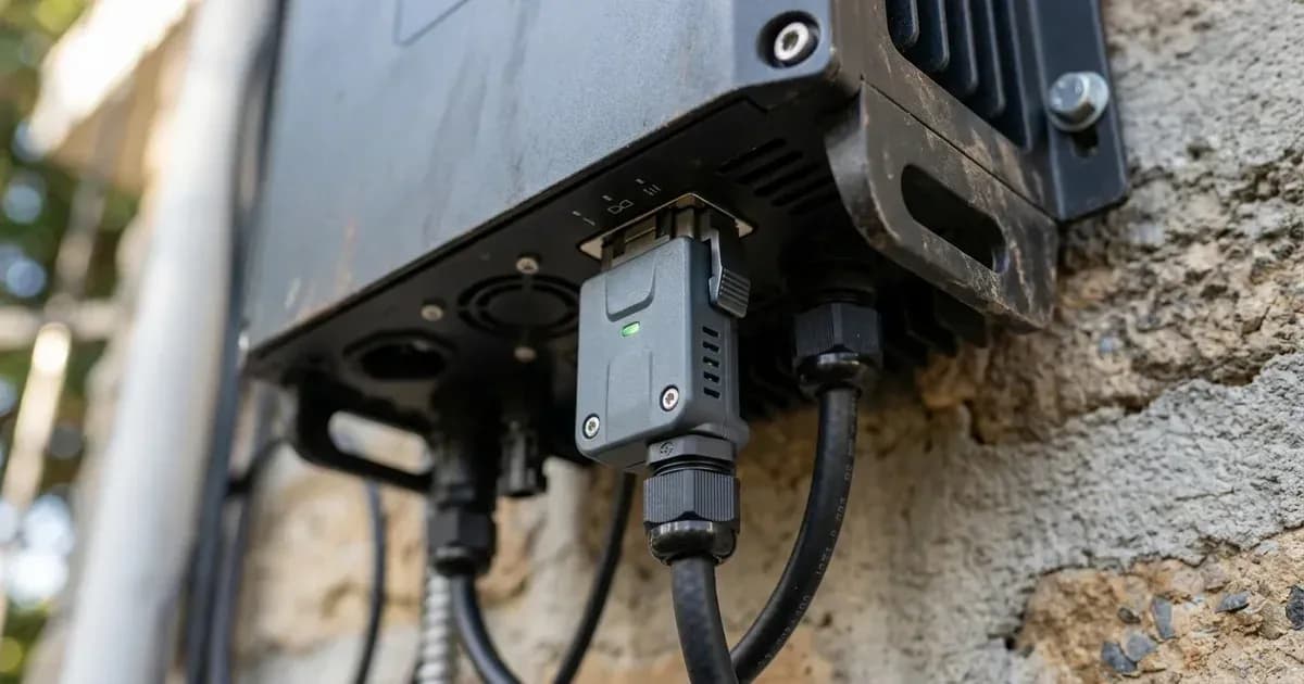 Smart monitoring dongle and communication cable plugged into the bottom of a solar inverter. — SolarNevs spec card