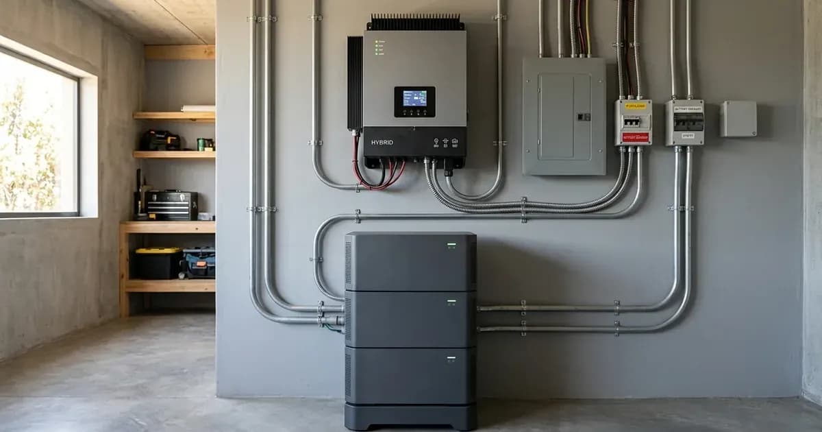 Wall-mounted hybrid solar inverter installed above stacked modular lithium battery storage. — SolarNevs spec card