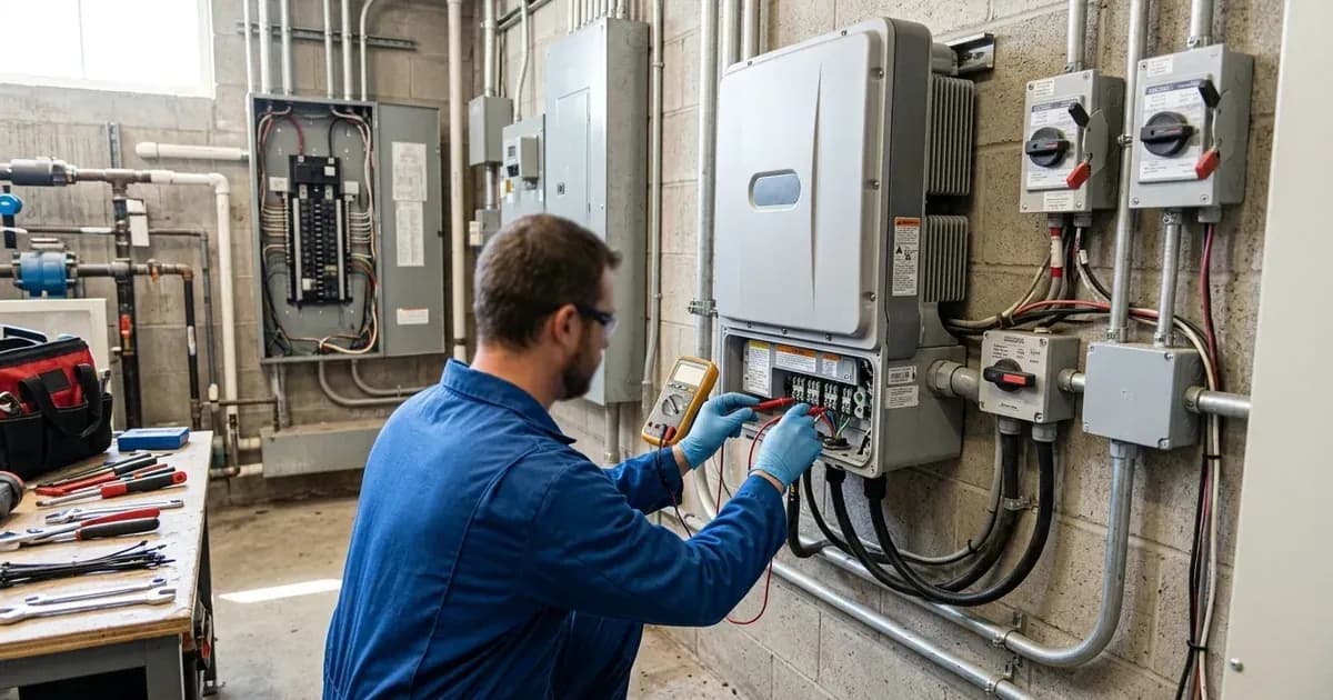 Technician testing wiring terminals on a wall-mounted solar string inverter with a digital multimeter. — SolarNevs spec card