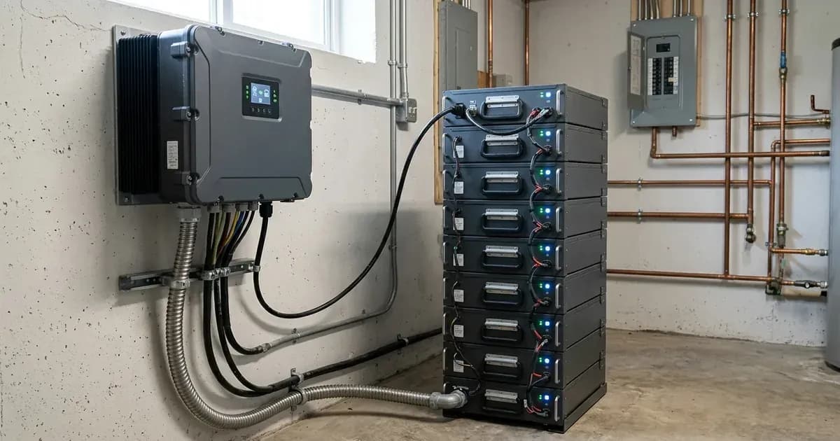 Three-phase hybrid solar inverter connected to a modular battery stack with electrical conduits. — SolarNevs spec card