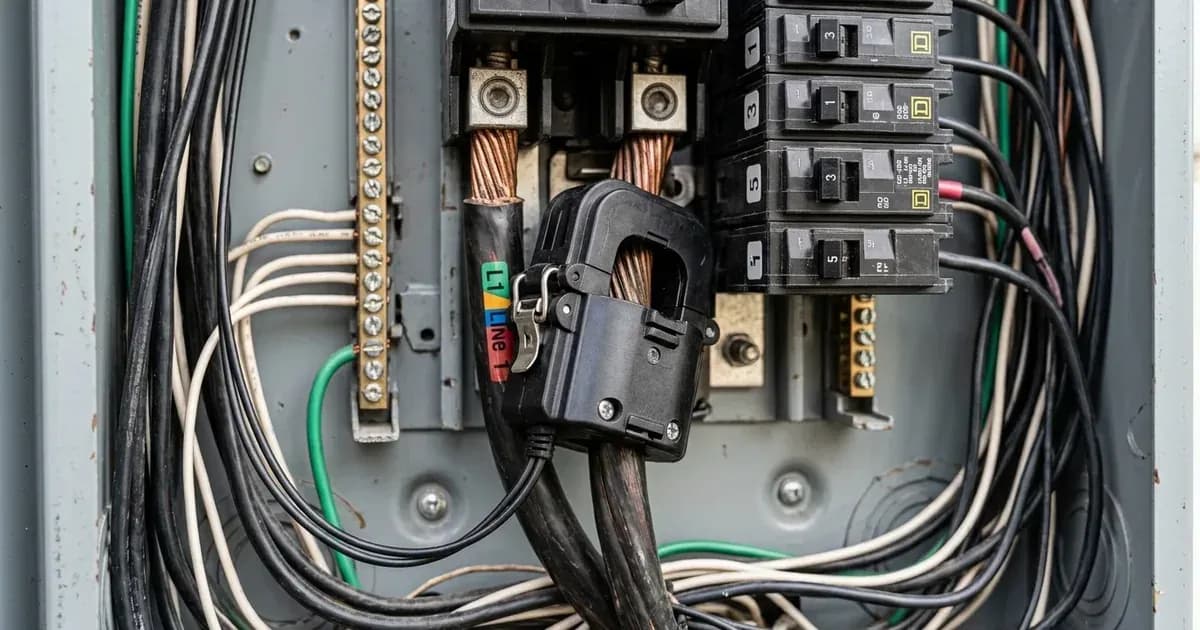 Current transformer CT clamp installed on the main incoming electrical cable inside a panel. — SolarNevs spec card