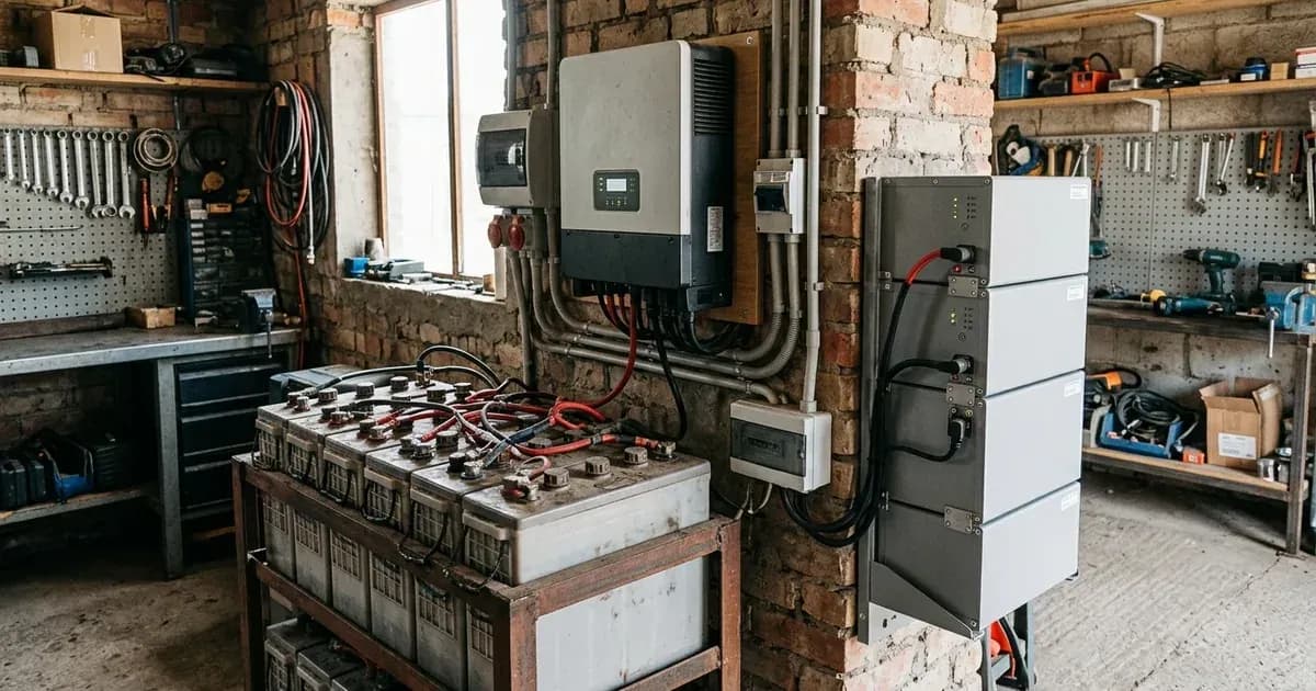 Hybrid solar inverter wired to flooded lead-acid batteries and a modular lithium battery bank in a workshop. — SolarNevs spec card