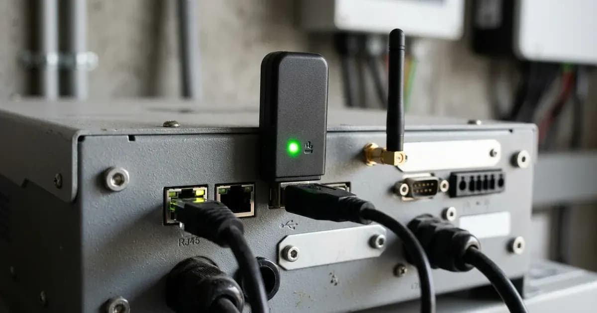 Wireless data logging module and RJ45 communication cables connected to a solar inverter port panel. — SolarNevs spec card