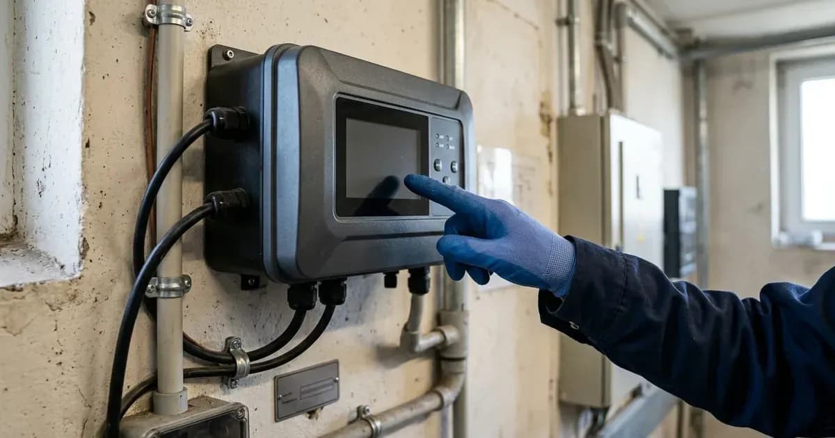 Technician pointing to a blank, unlit LCD screen on a wall-mounted solar inverter. — SolarNevs spec card