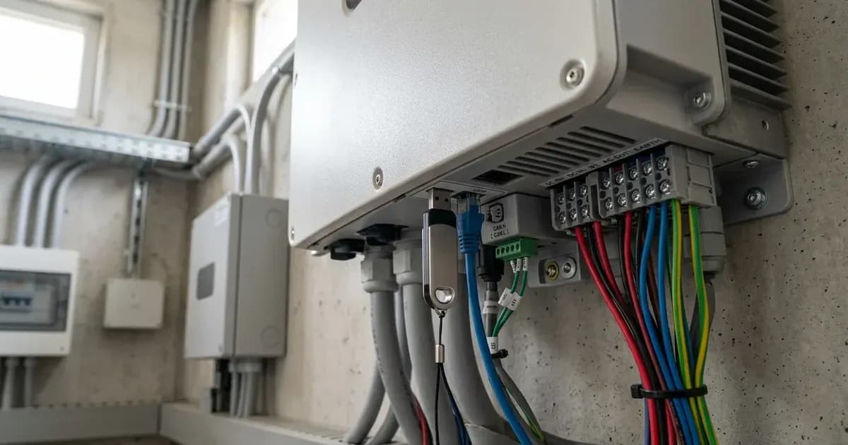 USB flash drive inserted into the bottom communication port of a solar inverter unit. — SolarNevs spec card