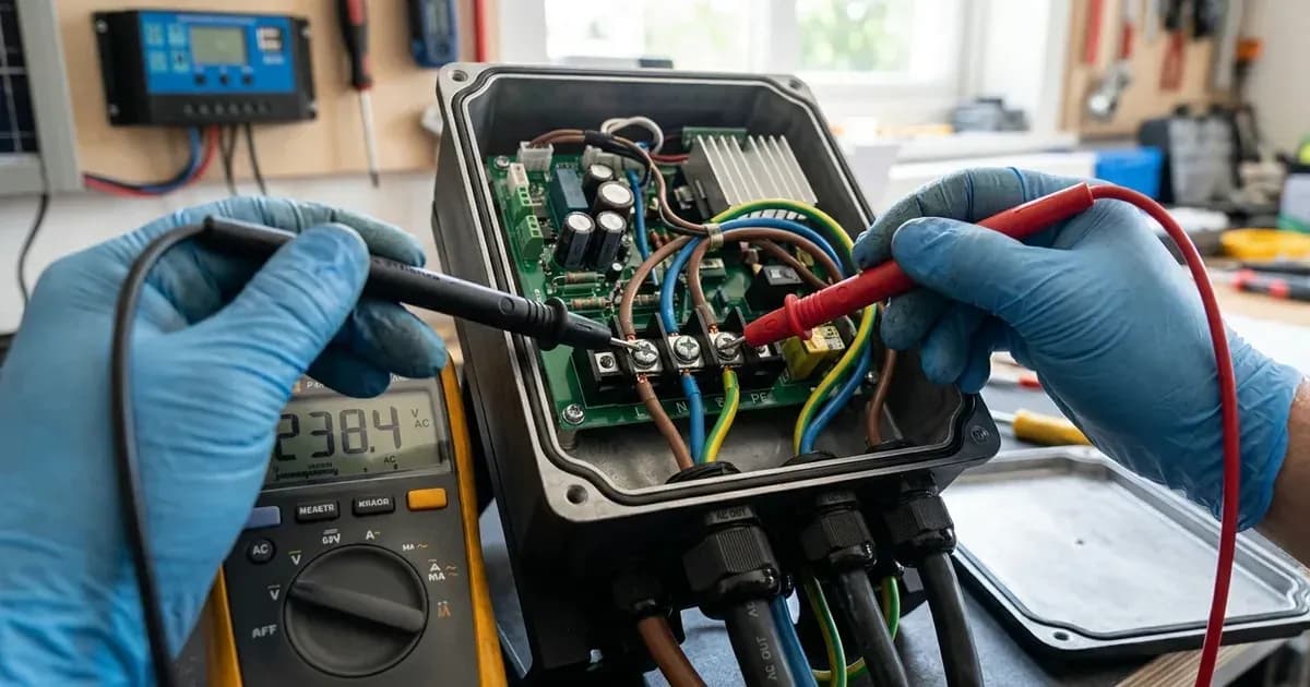 Multimeter probes testing AC output terminal screws on an opened electrical inverter unit. — SolarNevs spec card