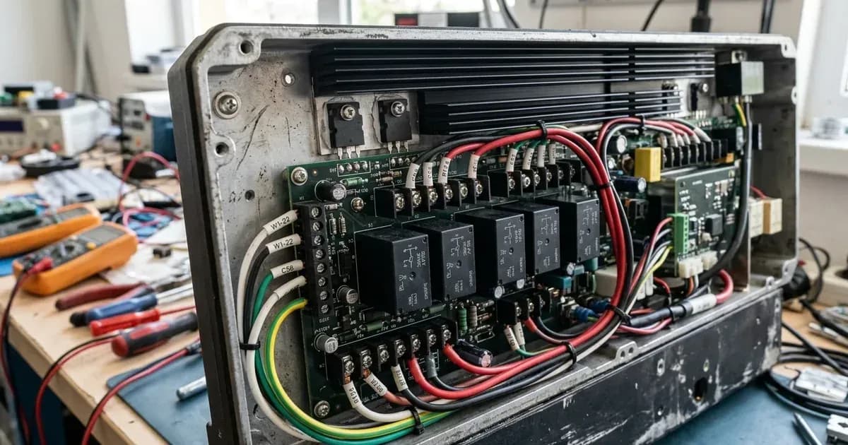 Circuit board and internal electromechanical relays inside an opened solar inverter on a workbench. — SolarNevs spec card