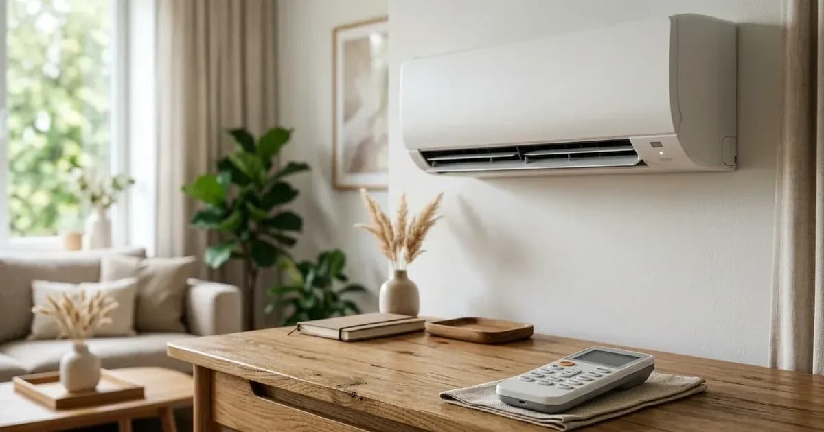 Remote control on a wooden table in front of a wall-mounted split inverter air conditioner unit. — SolarNevs spec card