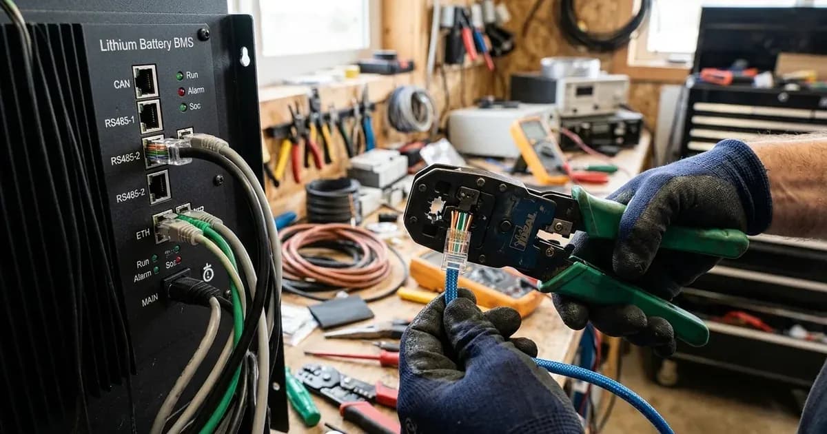 Installer crimping RJ45 communication cable pinout beside a solar lithium battery BMS interface. — SolarNevs spec card